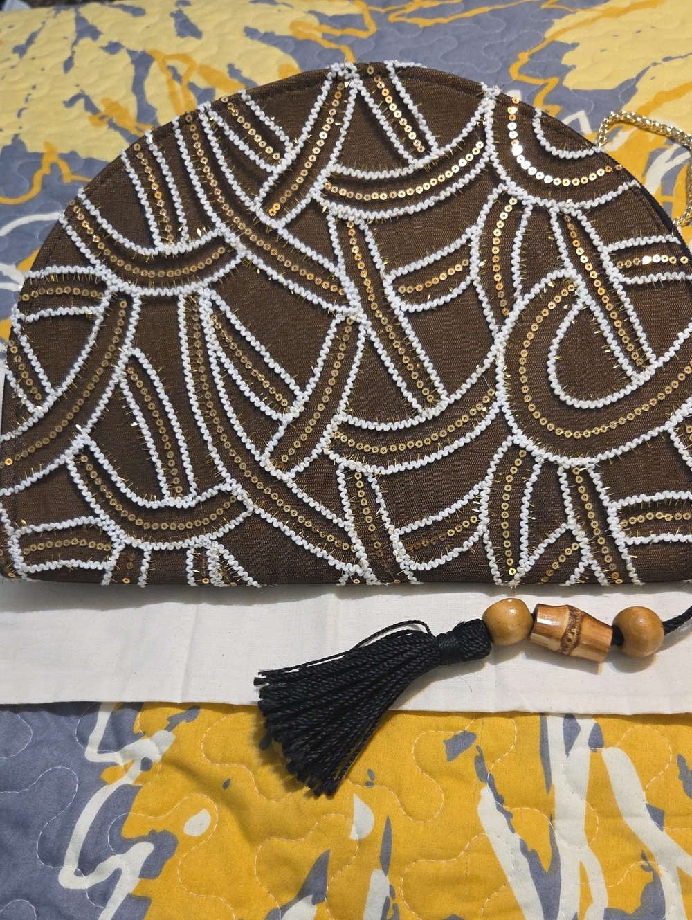 Sequined Brown Half-Moon Evening Clutch with Tassel